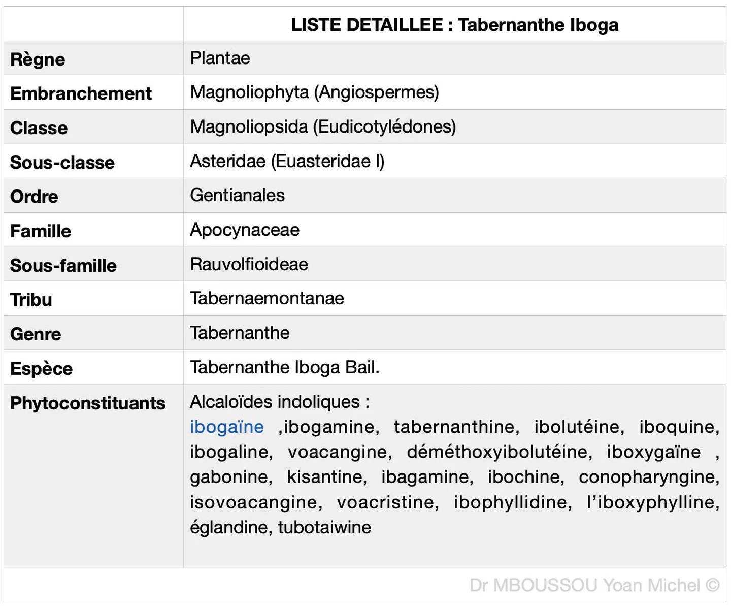 Tableau: classification botanique de Tabernanthe iboga